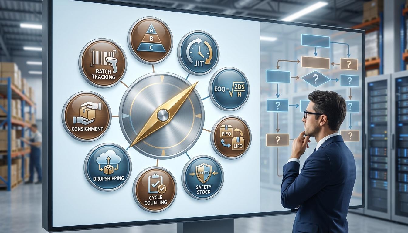 Nine inventory management methods displayed in selection wheel including ABC analysis, JIT, EOQ, and FIFO/LIFO approaches