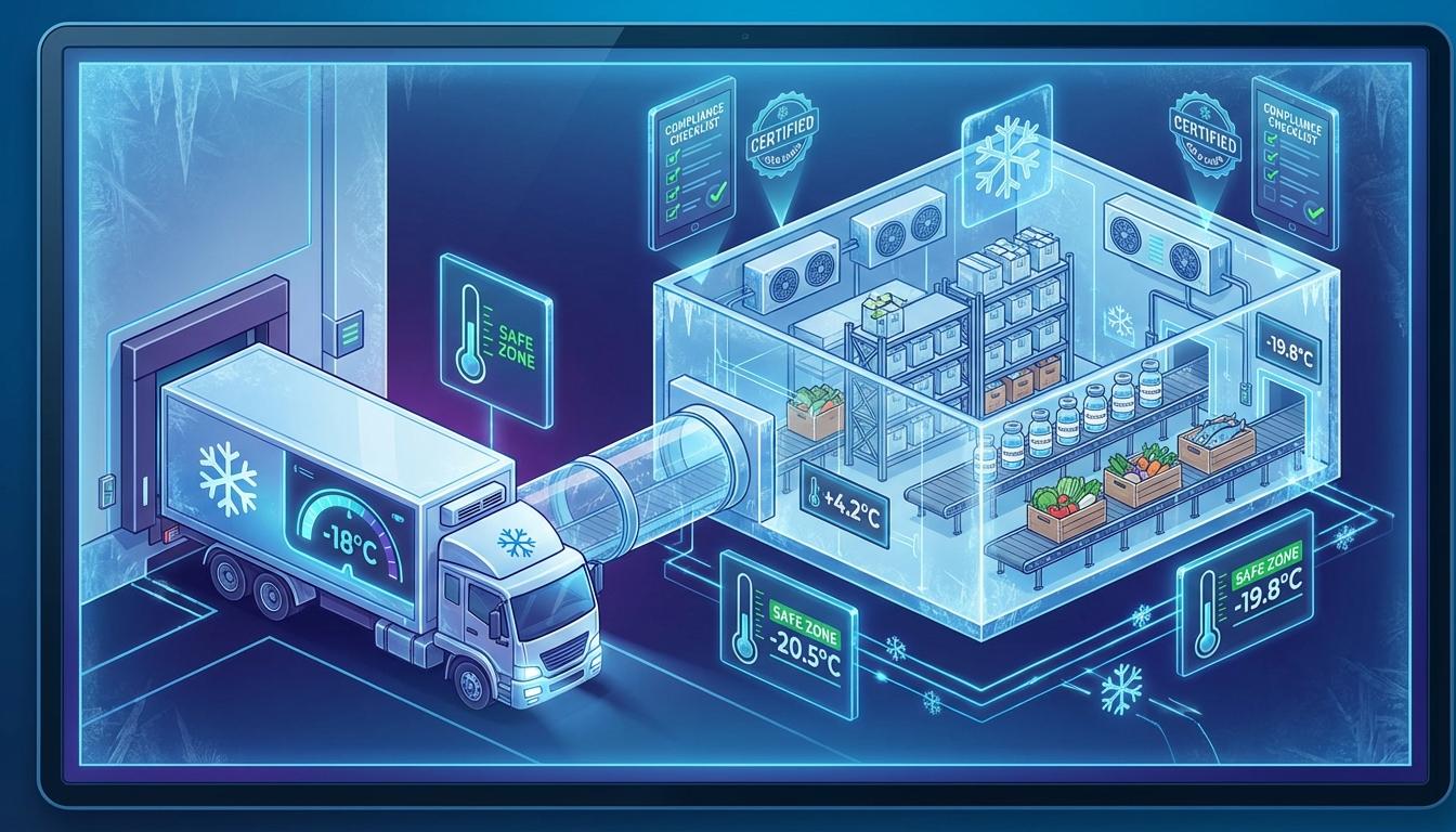 Cold chain logistics visualization displaying temperature monitoring, refrigerated transport, and pharmaceutical and food compliance requirements