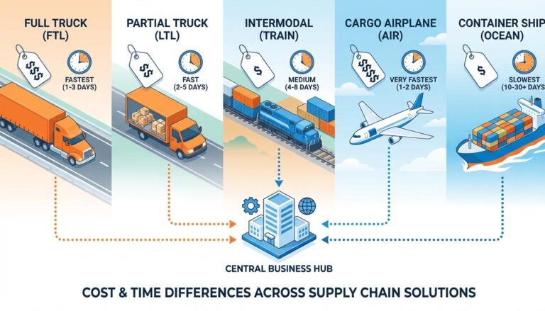 Freight shipping methods comparison infographic displaying FTL, LTL, intermodal, air, and ocean transport options with cost and time indicators