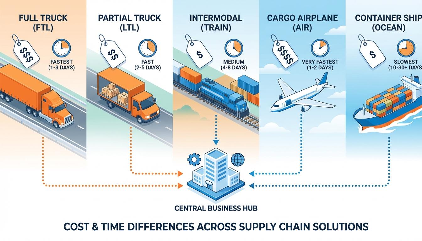 Freight shipping methods comparison infographic displaying FTL, LTL, intermodal, air, and ocean transport options with cost and time indicators