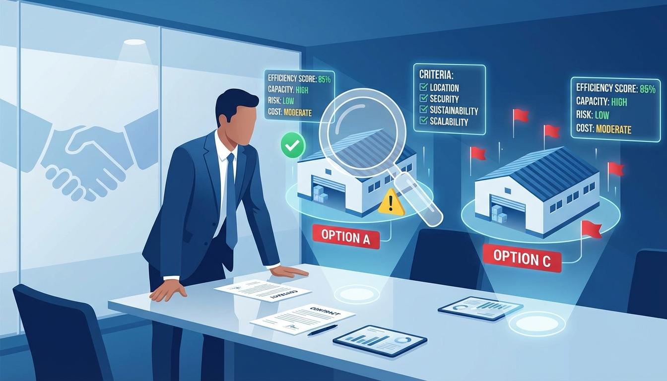 3PL provider evaluation process showing warehouse comparison with checklist criteria and red flag warning indicators