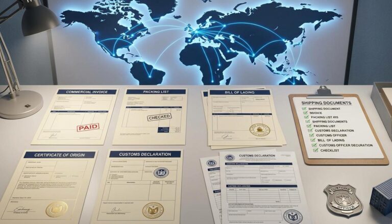 International shipping documents including commercial invoice, packing list, bill of lading, and certificate of origin with customs compliance checklist
