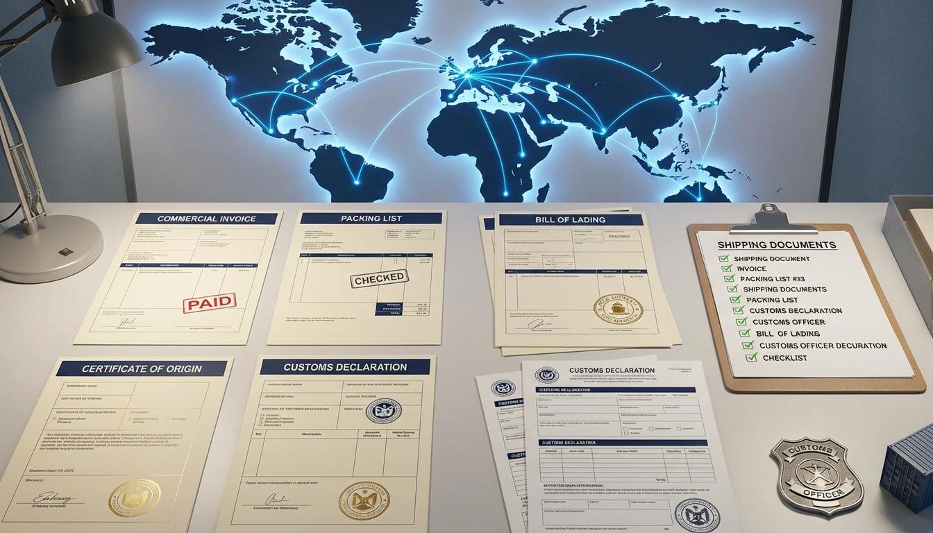 International shipping documents including commercial invoice, packing list, bill of lading, and certificate of origin with customs compliance checklist