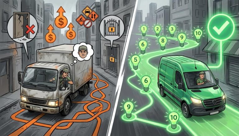 Last mile delivery challenges illustration showing urban obstacles and 10 numbered solutions for logistics improvement