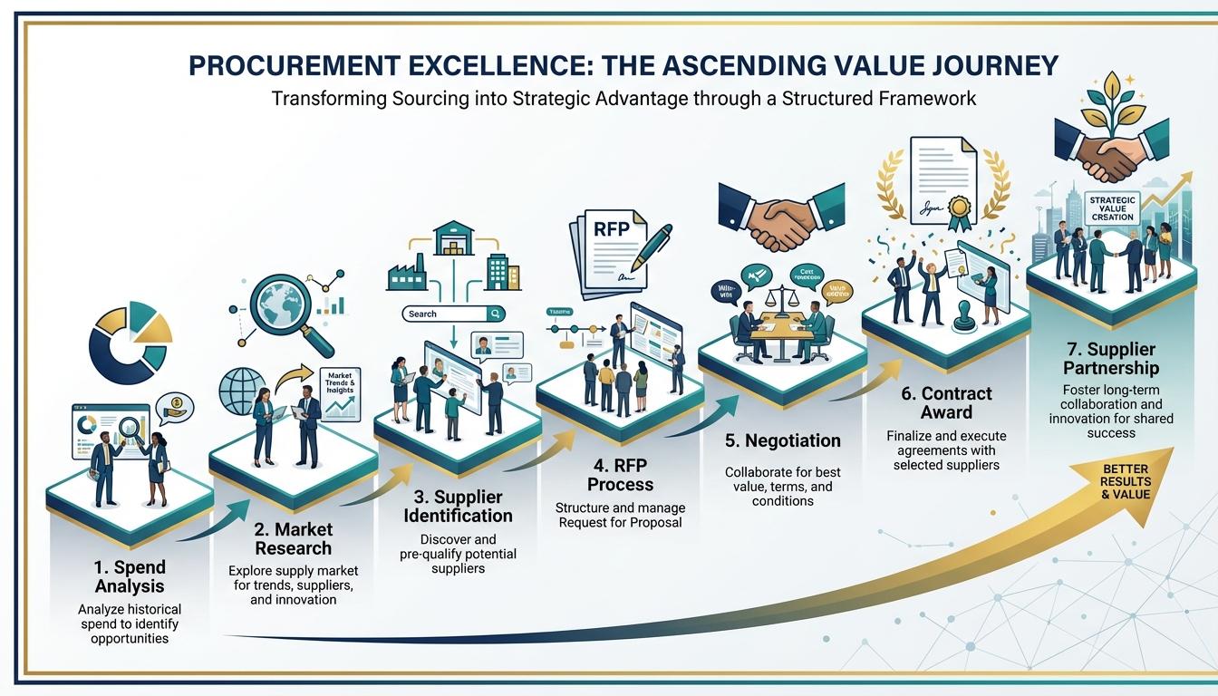 Strategic sourcing process 7-phases flow from spend analysis to supplier partnership with procurement team guidance