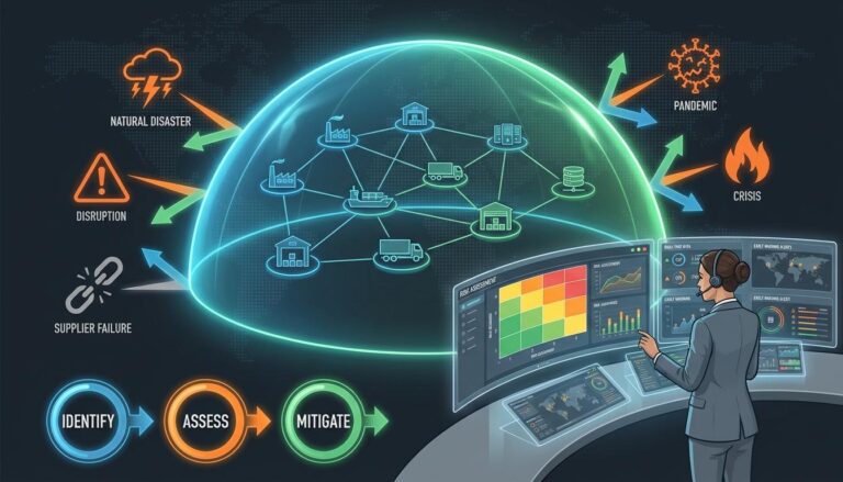 Supply chain risk management shield protecting operations from disruption threats with identify, assess, and mitigate framework