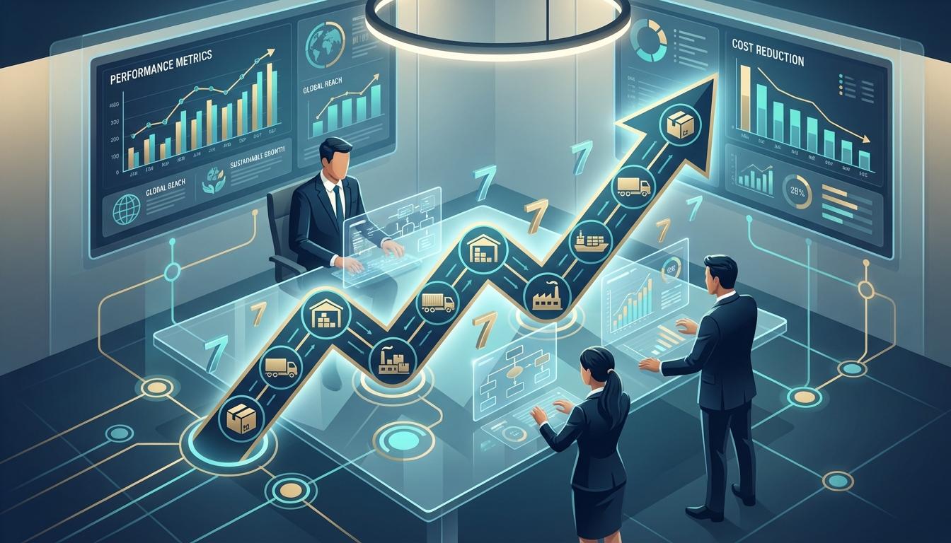 Supply chain strategy framework illustration showing interconnected logistics network with growth metrics and 7-step milestone markers