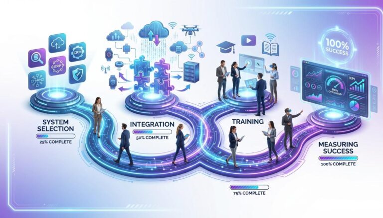Supply chain technology implementation roadmap with four phases: system selection, integration, training, and measuring success