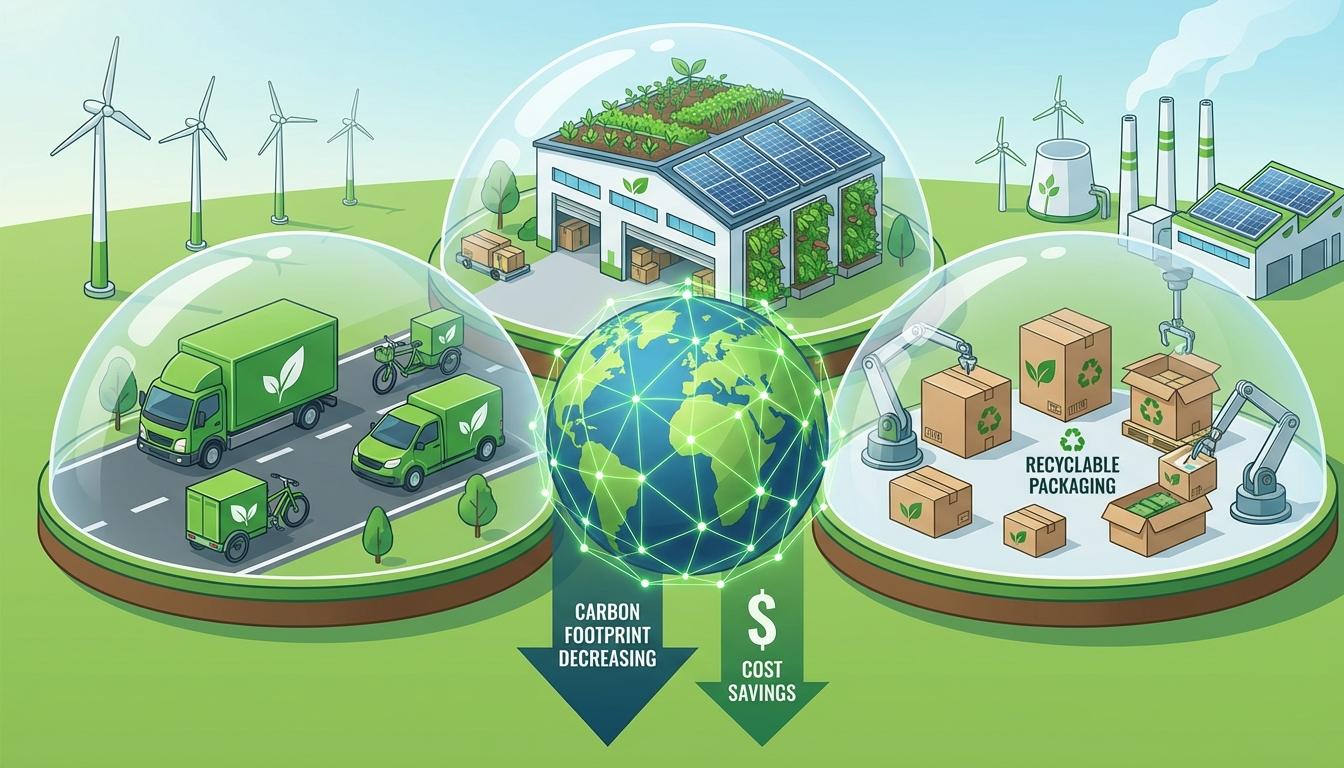 Sustainable logistics operations showing green transportation, eco-friendly warehousing, and recyclable packaging with emissions reduction
