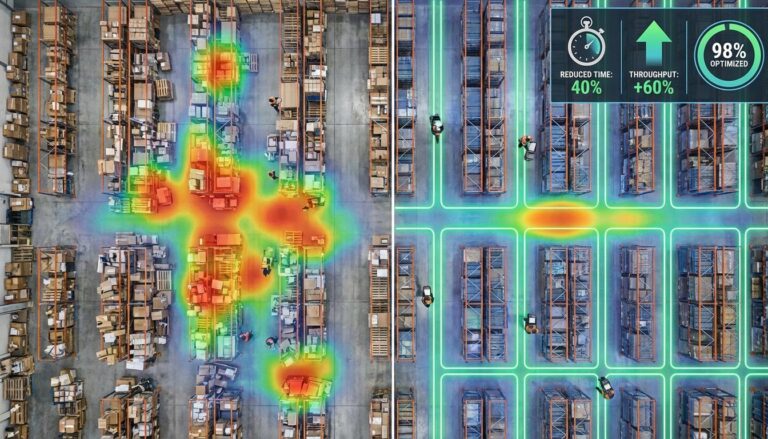 Warehouse layout optimization before and after transformation showing efficient picking routes and throughput improvement