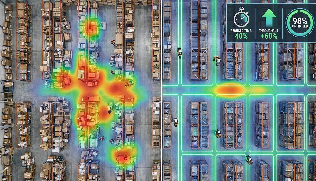 Warehouse layout optimization before and after transformation showing efficient picking routes and throughput improvement