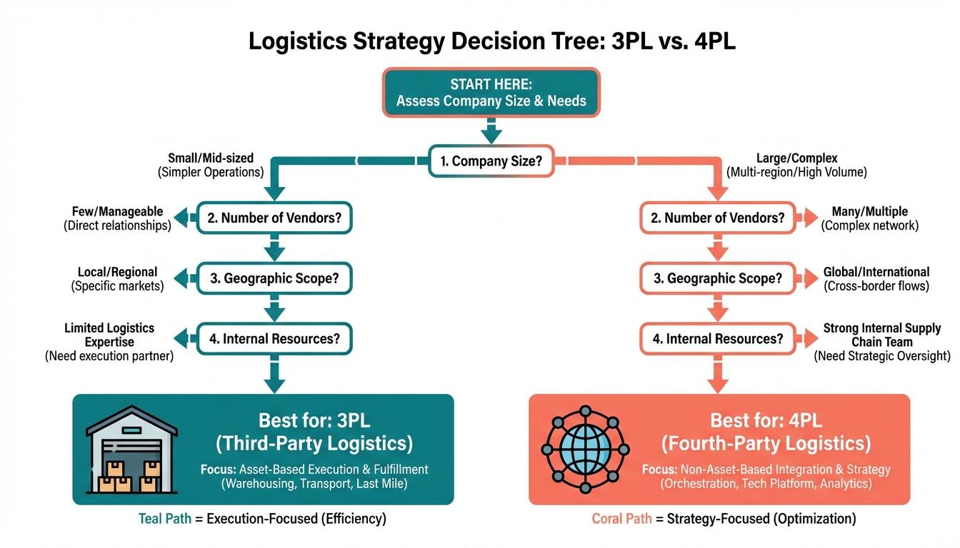 Decision flowchart helping businesses choose between 3PL and 4PL logistics providers based on needs