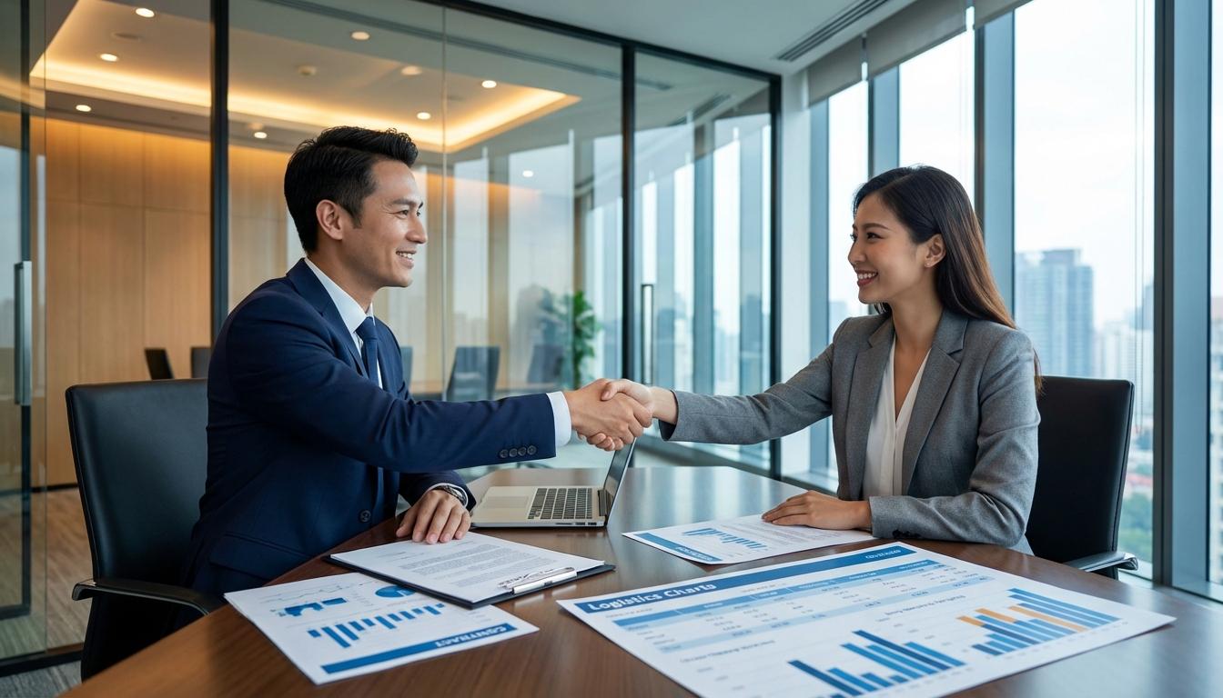 Business professionals shaking hands over 3PL contract negotiation documents in modern office
