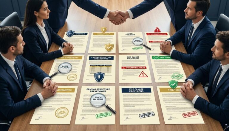 3PL contract negotiation scene displaying 12 critical terms including SLA agreements, pricing structures, and exit clauses with protection indicators