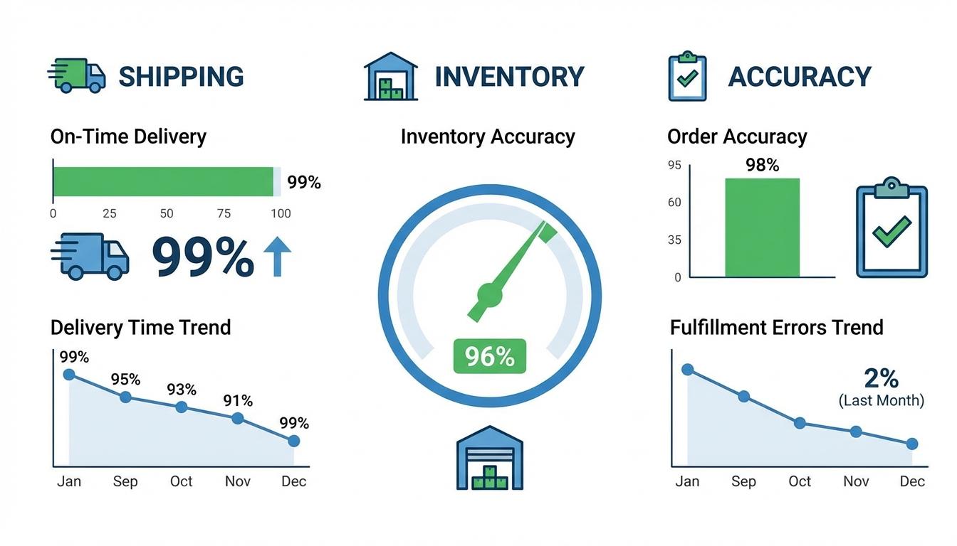 3PL KPI performance metrics chart showing on-time shipment rate and inventory accuracy data 3PL KPI performance metrics chart showing on-time shipment rate and inventory accuracy data