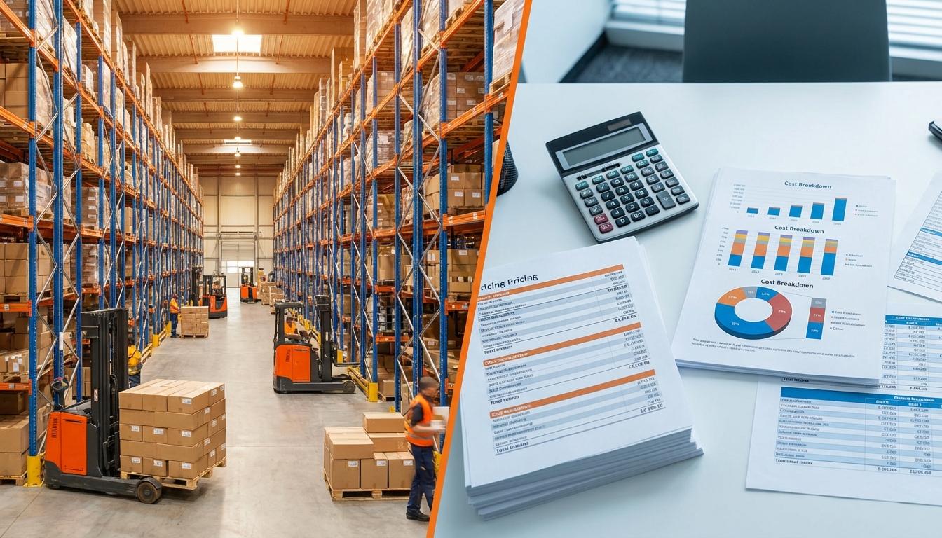 Warehouse operations with pricing calculator showing total cost of ownership for 3PL services