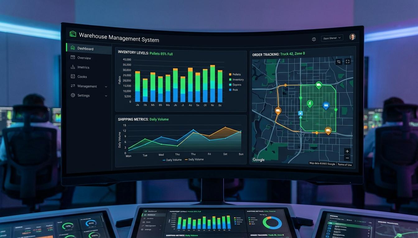 Warehouse management system dashboard showing real-time inventory and order tracking analytics