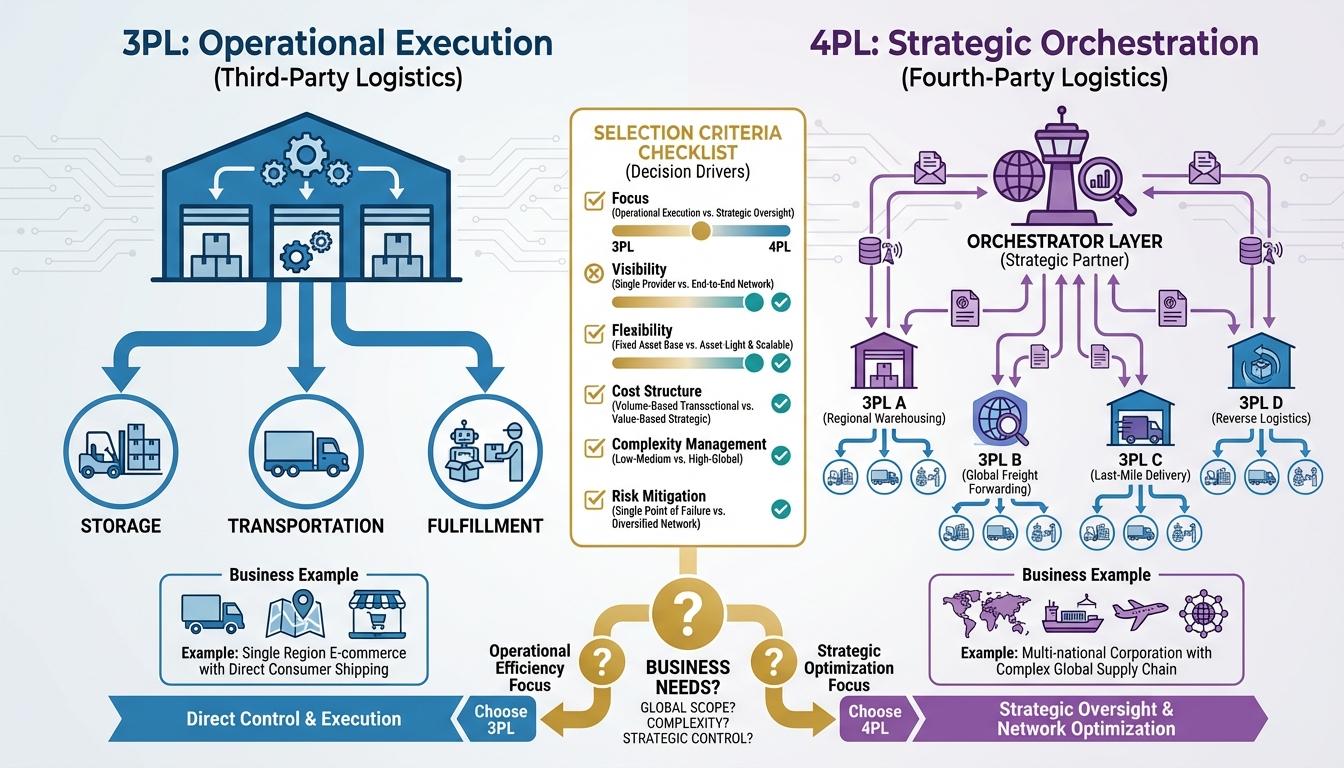 3PL vs 4PL logistics comparison showing execution versus strategic supply chain management differences