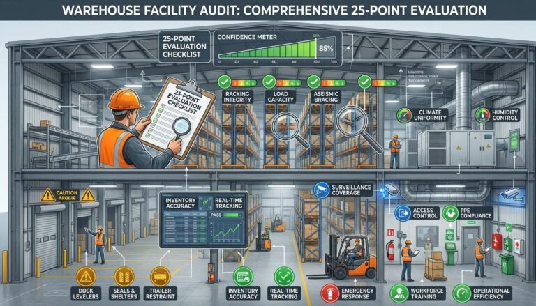 3PL warehouse evaluation checklist visualization showing 25-point inspection during site visit with capability assessment and rating indicators