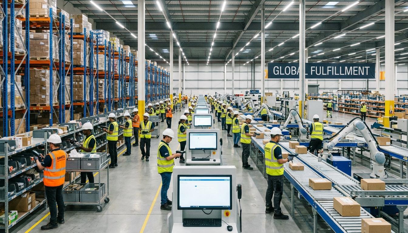 Modern 3PL warehouse with workers picking and packing orders for e-commerce fulfillment