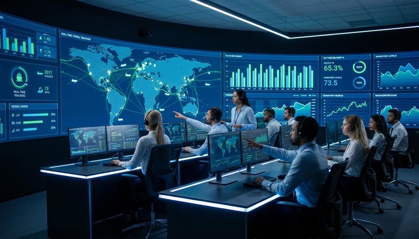 4PL supply chain control tower with integrated dashboard managing multiple logistics providers globally