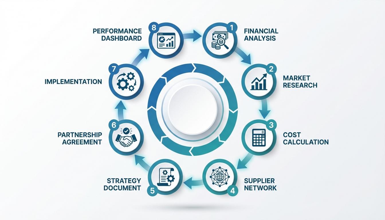 Eight step strategic sourcing methodology diagram showing spend analysis to performance monitoring phases