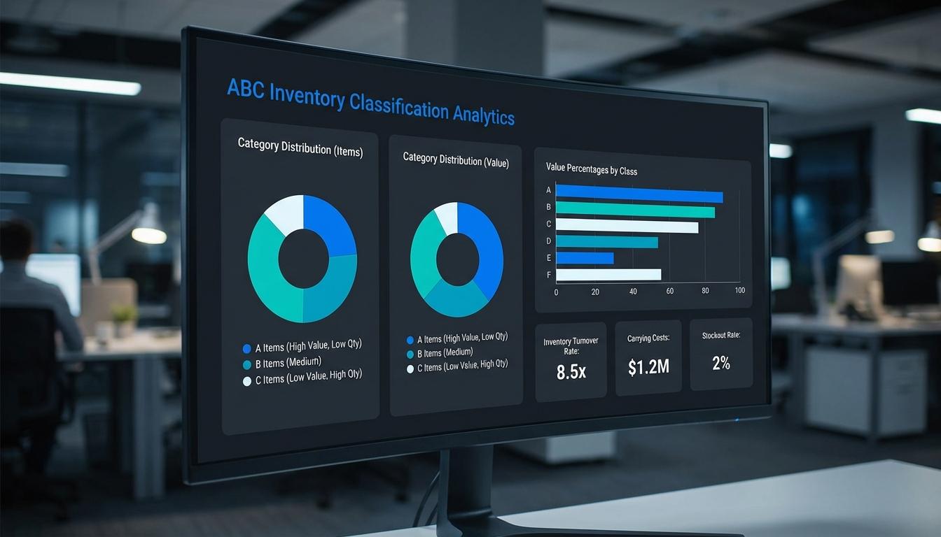Strategic inventory management dashboard showing ABC classification metrics and warehouse optimization KPIs