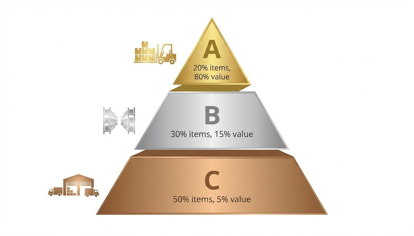 ABC inventory classification pyramid showing A-items high value, B-items medium value, C-items low value