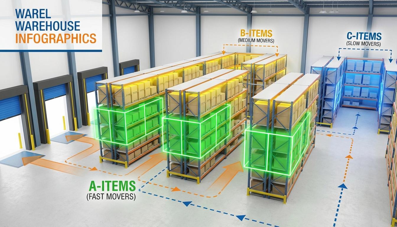 ABC inventory classification diagram showing high-velocity items in prime warehouse picking locations