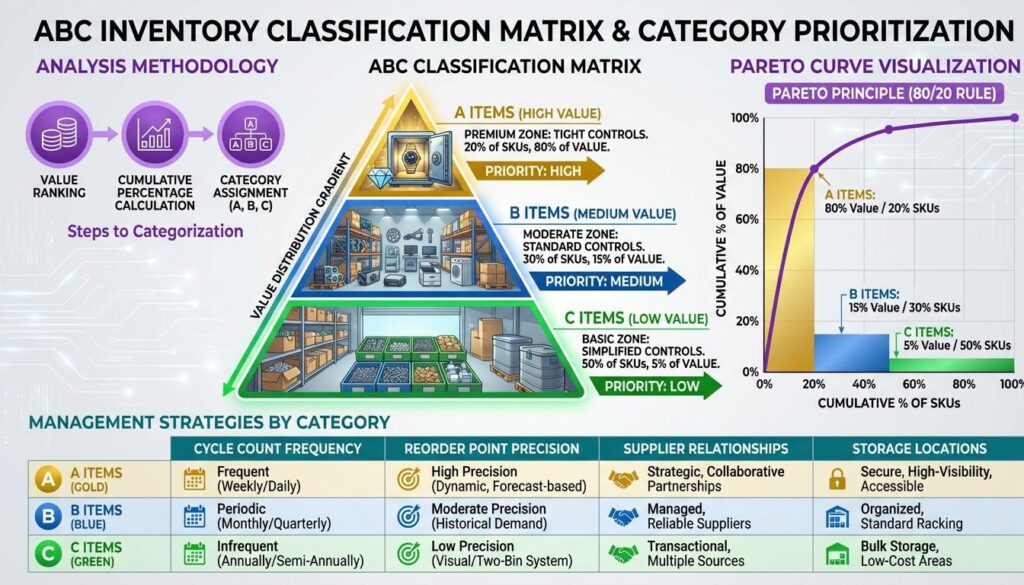 ABC inventory classification matrix showing three-tier prioritization with A B C categories value distribution analysis and category-specific management strategies