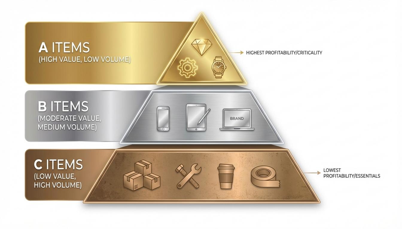 ABC inventory classification pyramid showing different safety stock strategies for A B and C items