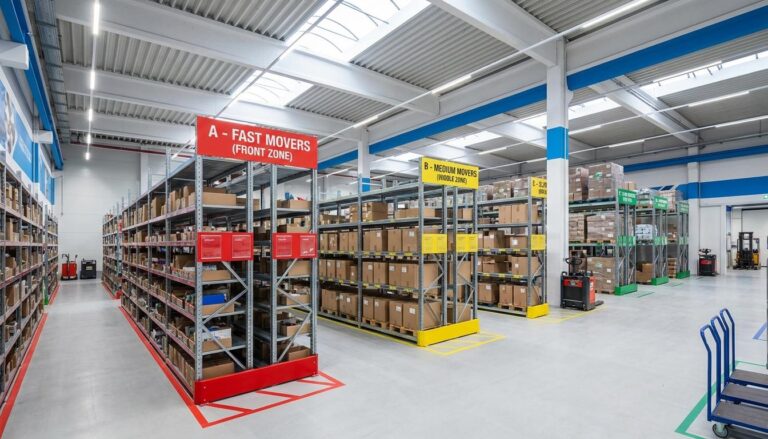 ABC inventory classification system showing warehouse shelves organized by product value categories A B and C