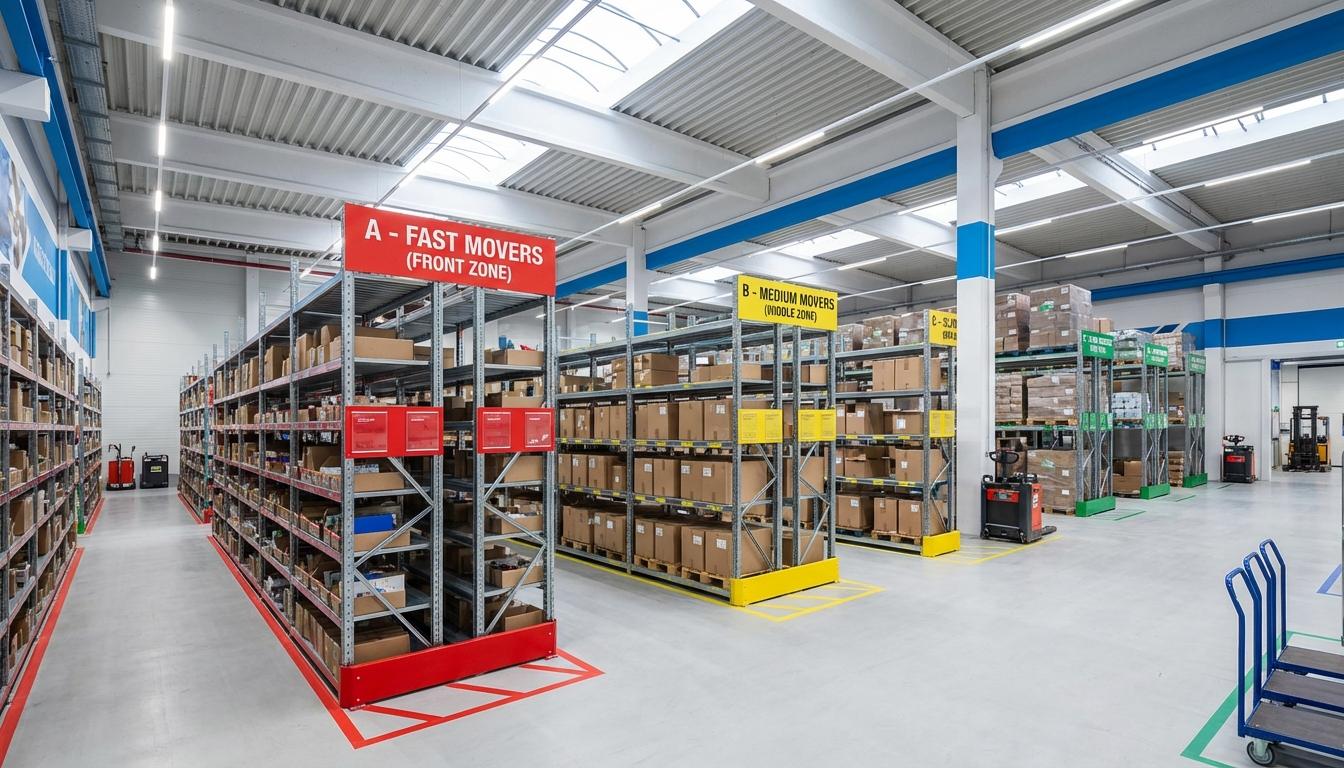 ABC inventory classification system showing warehouse shelves organized by product value categories A B and C