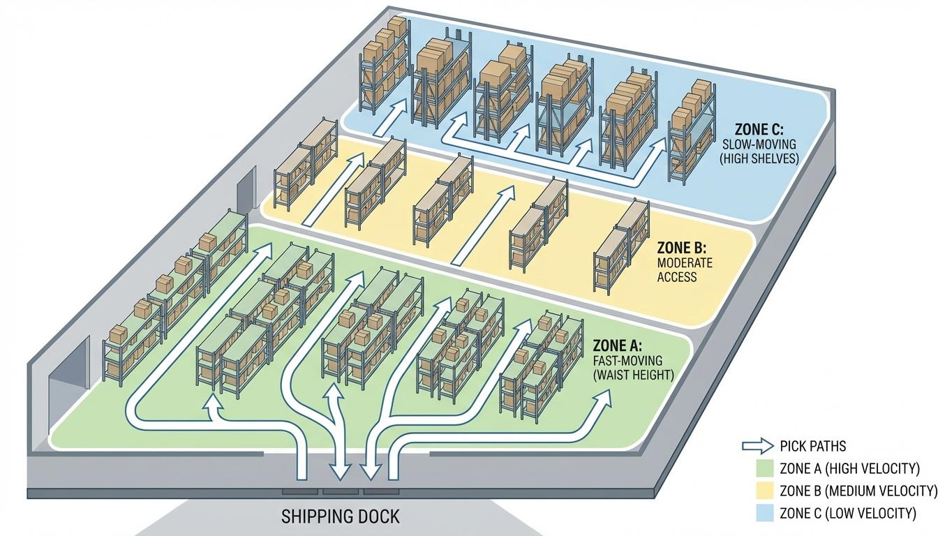 ABC inventory classification showing A-items in prime locations B-items in accessible areas C-items in back storage