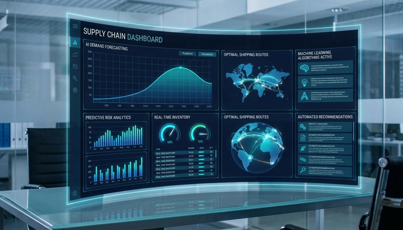 AI-powered supply chain analytics dashboard showing demand forecasting and real-time logistics data