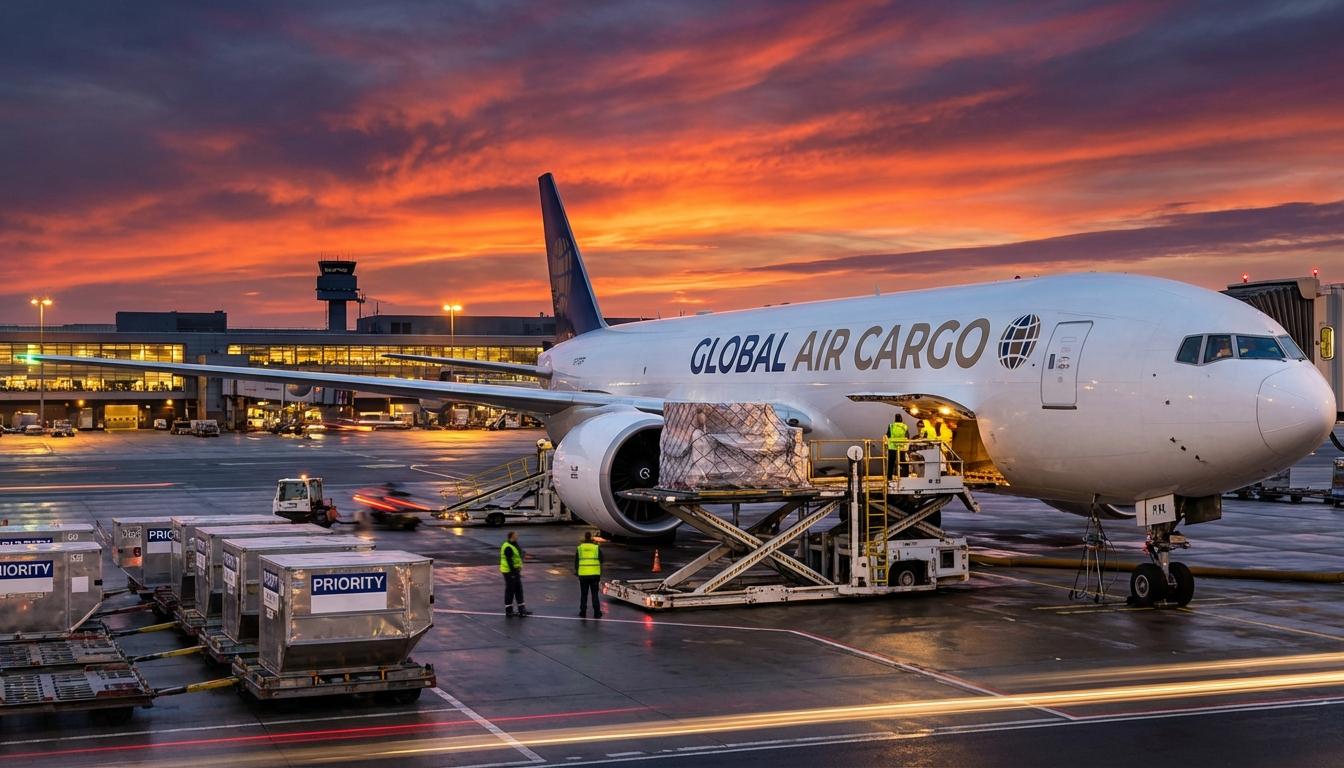 Air freight cargo plane being loaded with pallets and containers at airport terminal