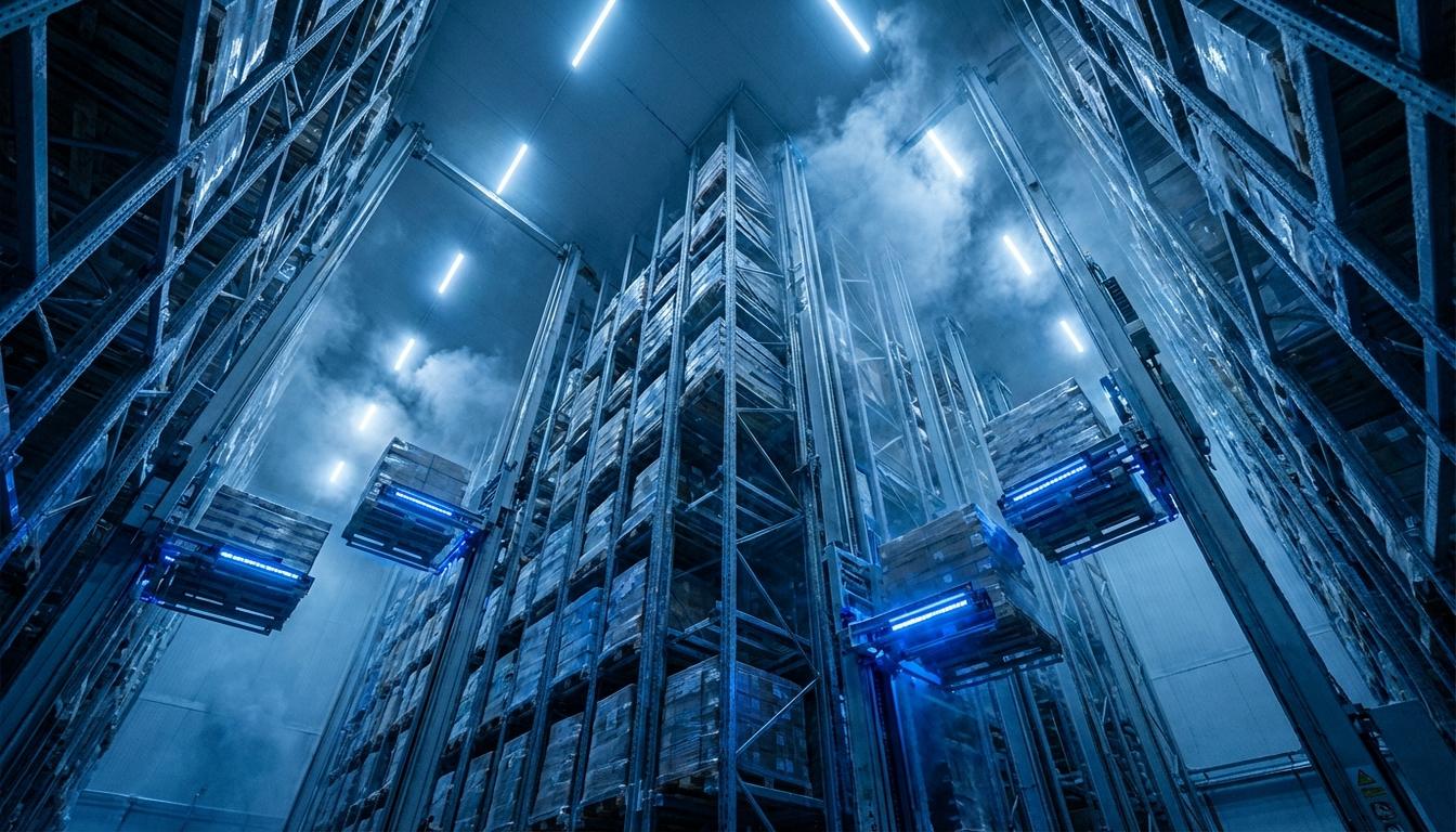 Automated storage and retrieval system operating in high-bay freezer warehouse with robotic cranes