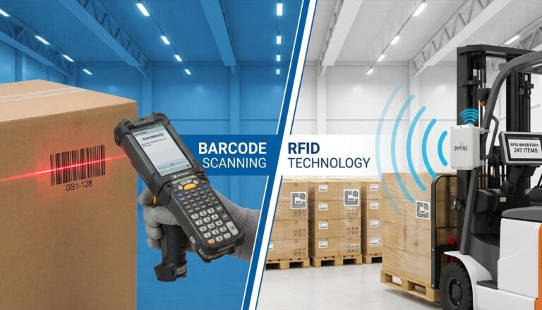 Barcode scanner and RFID reader side by side comparing inventory tracking technologies in warehouse