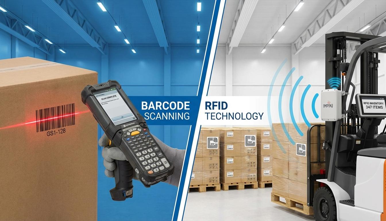 Barcode scanner and RFID reader side by side comparing inventory tracking technologies in warehouse