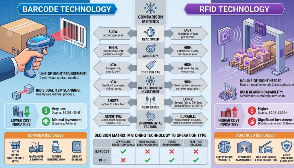 Barcode versus RFID technology comparison displaying scanning methods read speed cost infrastructure requirements and use case matching for inventory tracking technology selection