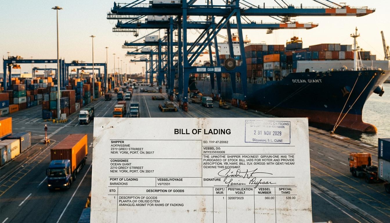 Bill of lading document with cargo ship and shipping containers at international port Bill of lading document with cargo ship and shipping containers at international port