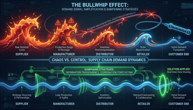 Bullwhip effect visualization showing demand distortion amplifying from customer to supplier with chaos waves versus stabilized solution flow