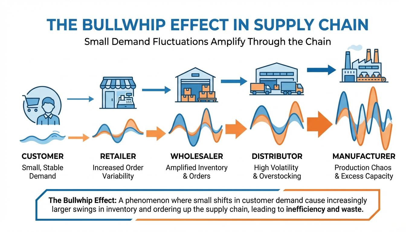 Bullwhip effect visualization showing demand signal amplification from retailer to manufacturer in supply chain