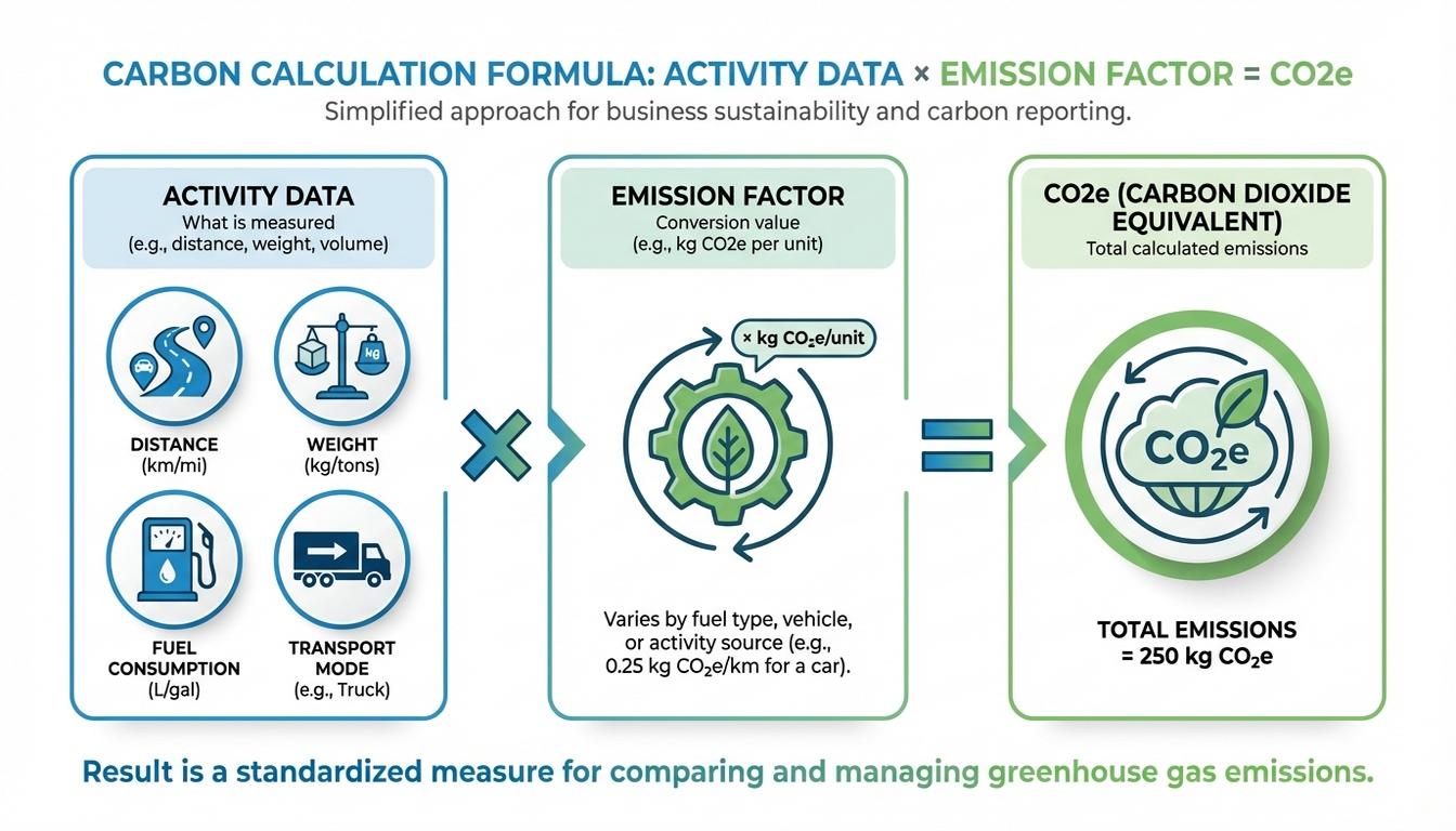 Carbon emission calculation formula showing activity data multiplied by emission factors equals CO2e