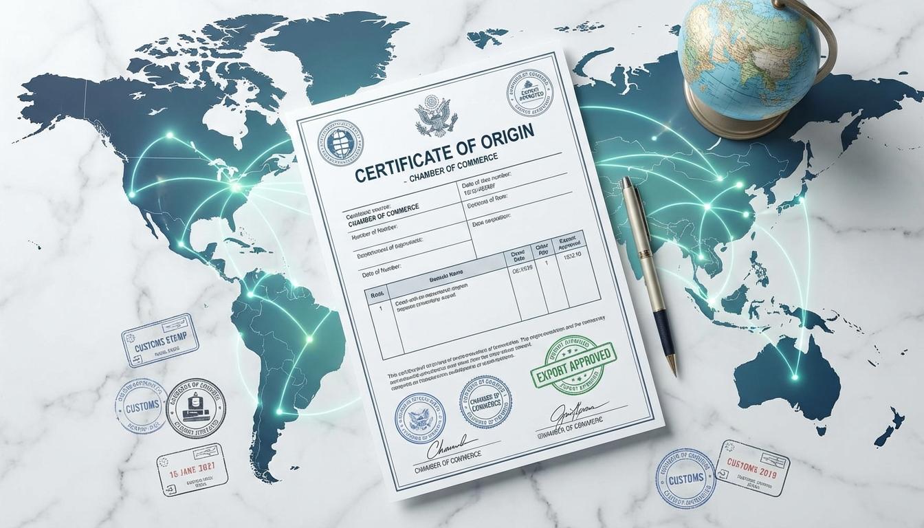 Certificate of origin document with world map showing global trade routes and customs stamps Certificate of origin document with world map showing global trade routes and customs stamps