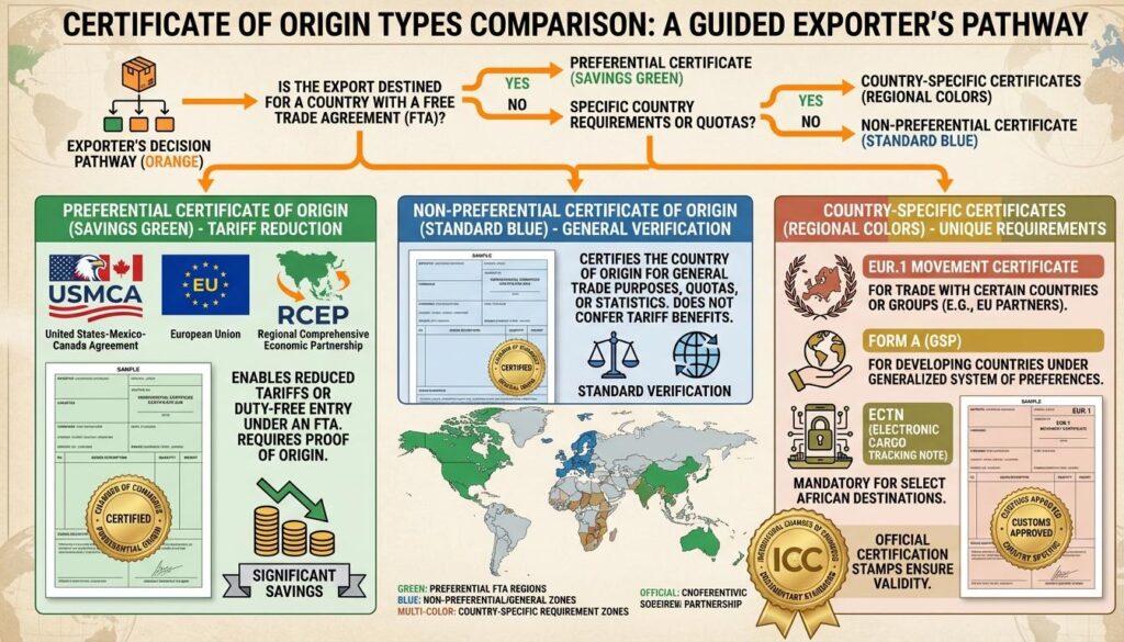 Certificate of origin types comparison displaying preferential non-preferential and country-specific certificates with trade agreement regions and selection decision tree