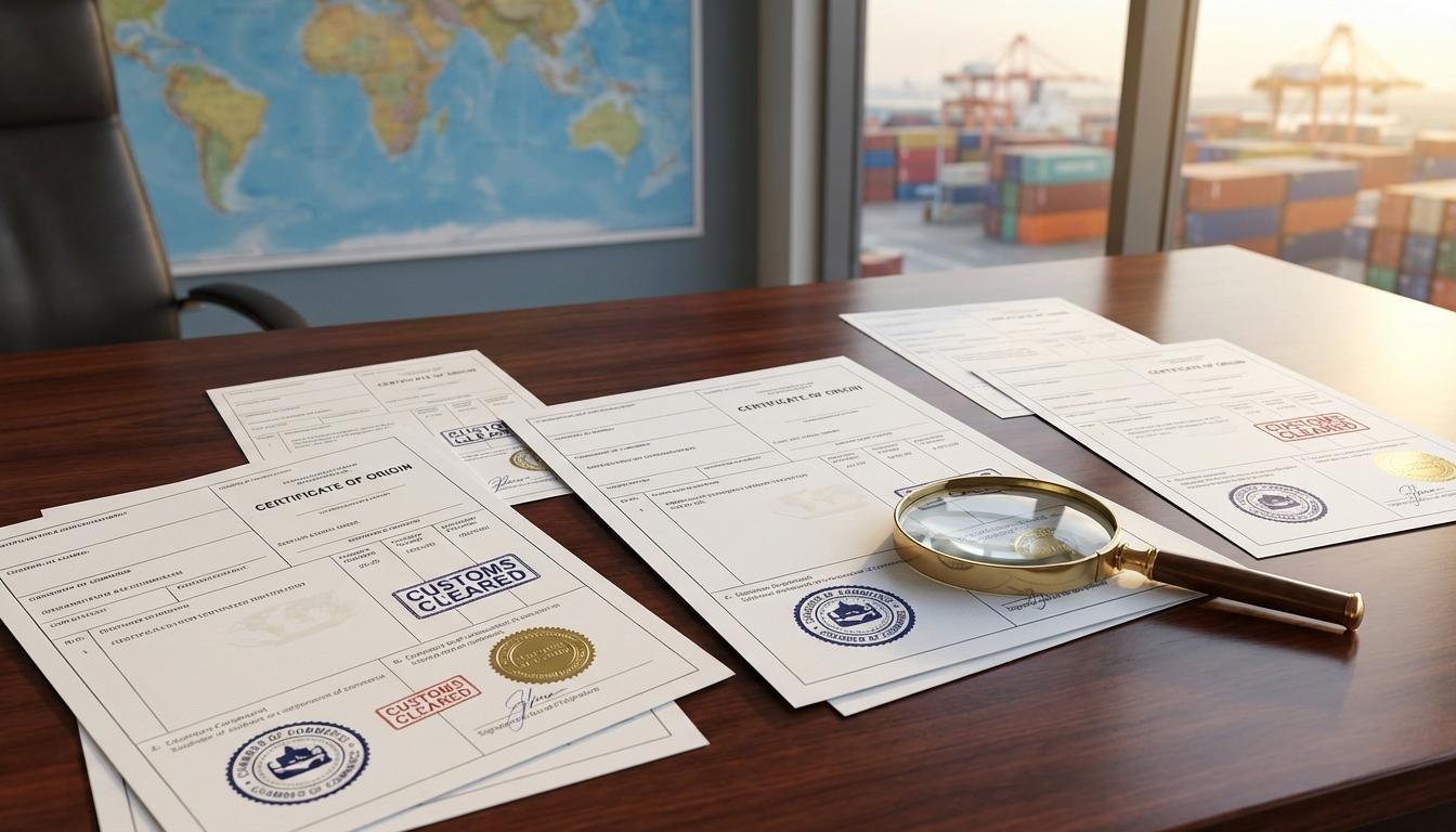 Various certificate of origin documents spread on desk with customs stamps and international shipping paperwork