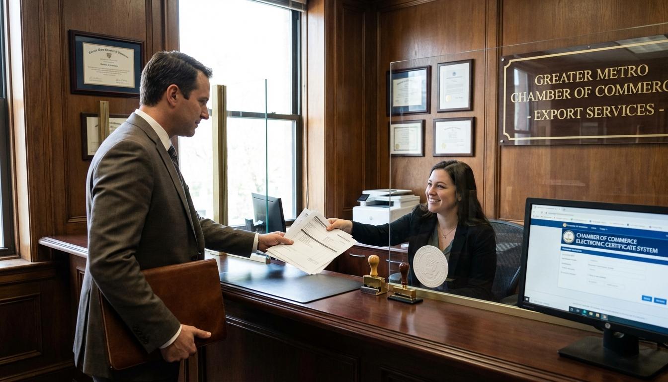 Business professional applying for certificate of origin at Chamber of Commerce with required documents