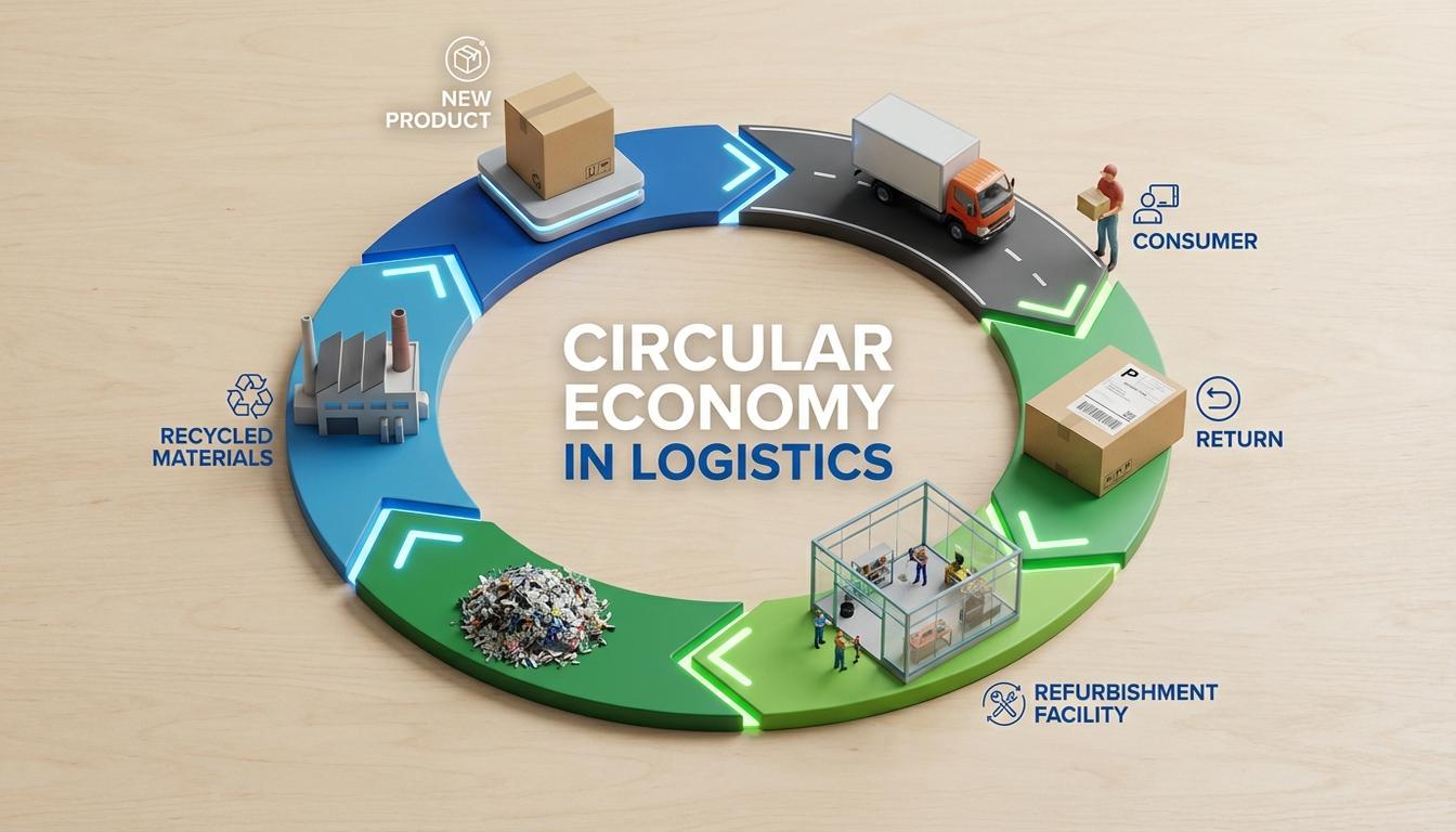 Circular economy diagram showing reverse logistics flow with recycling and product refurbishment process Circular economy diagram showing reverse logistics flow with recycling and product refurbishment process