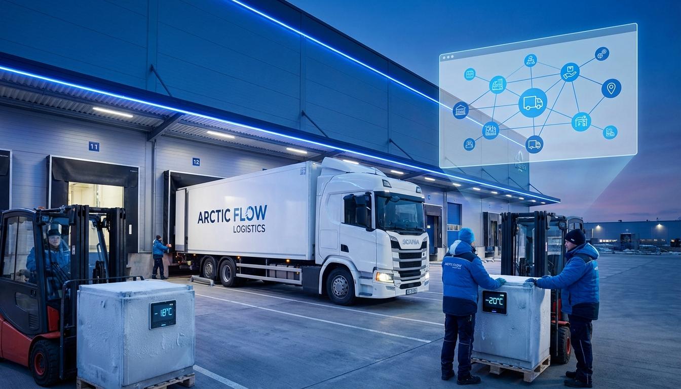 Cold chain logistics network showing refrigerated trucks, warehouses, and temperature monitoring systems